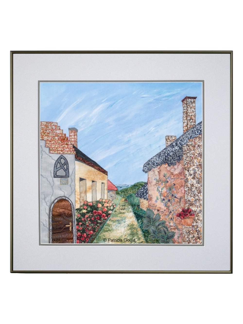 Path to the Lake - framed - painted and stitched mixed media landscape